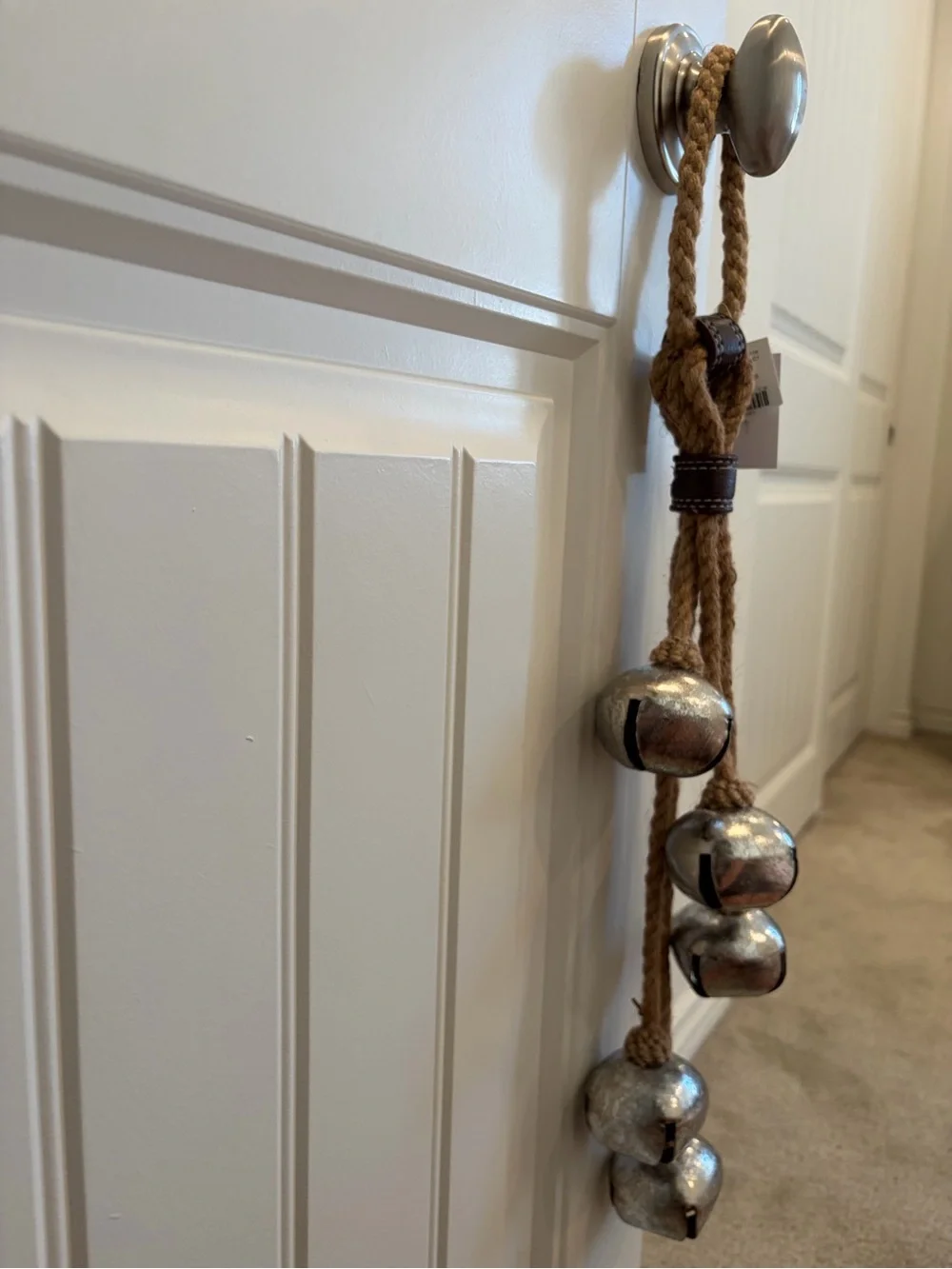 Jute Rope Door Hanger w/ 5 Jingle Bells, Silver Finish 21”